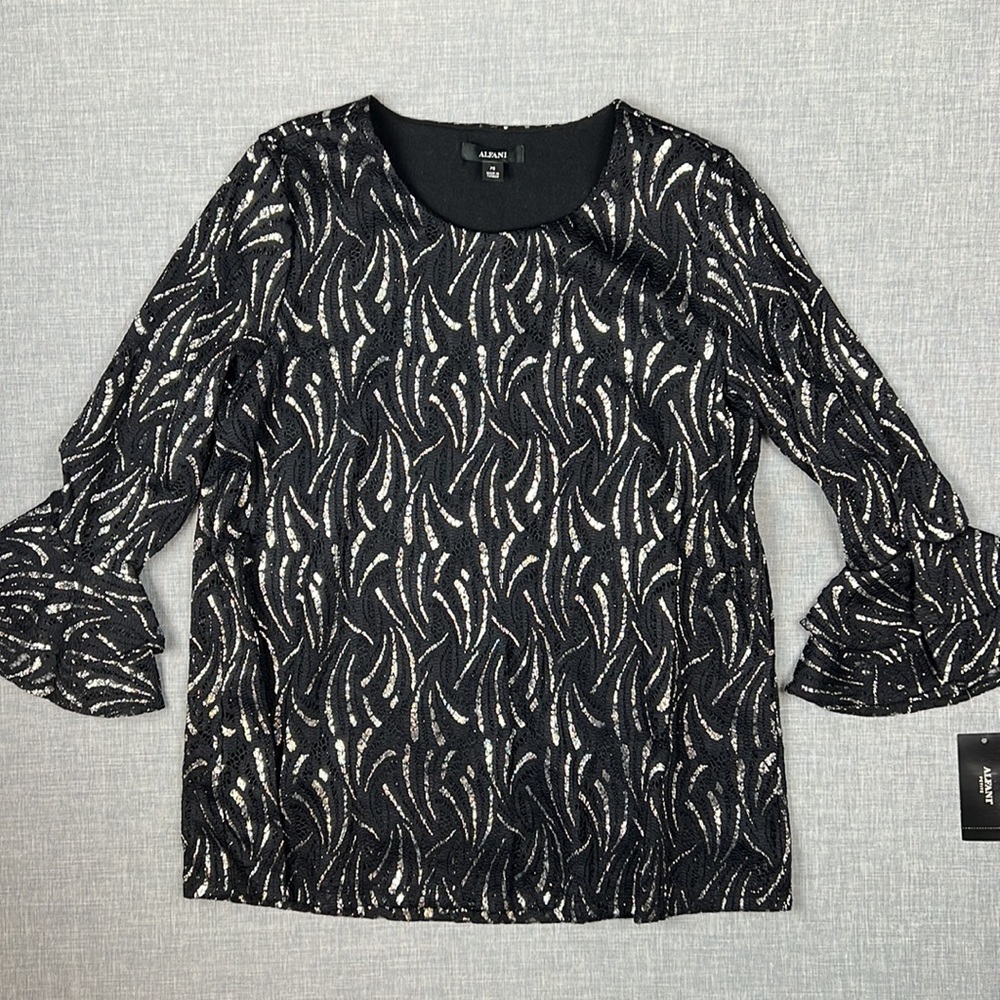 Alfani Black & Silver Foil Ruffle Sleeve Top Petite Size XS and Small - Picture 2 of 6